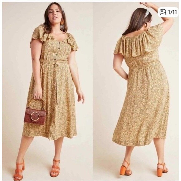 Anthropologie Bolano Dress Leopard Print Romantic Ruffle Shoulder Dress Size 22 - Picture 2 of 12